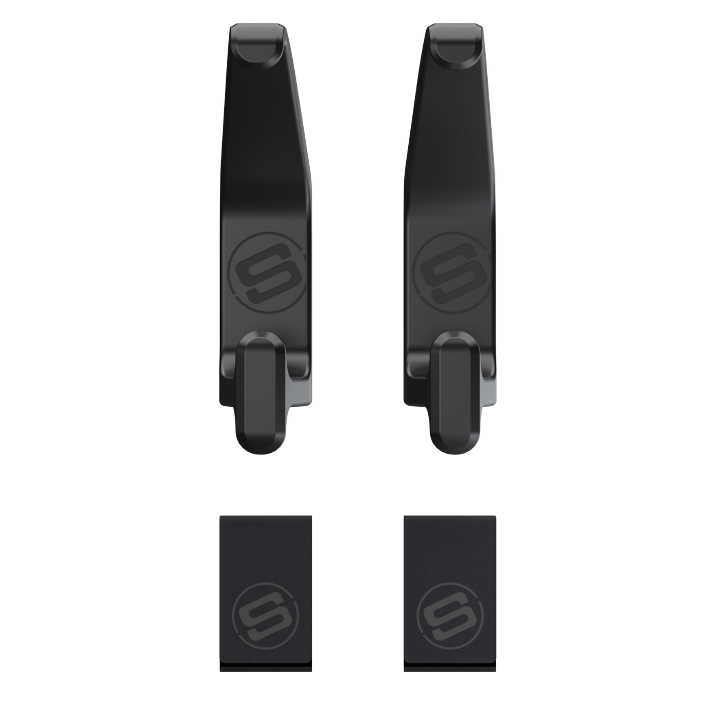 Two black GearMate accessory hooks and loops displayed on a white background.