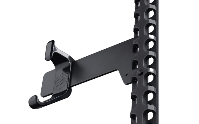 Black metal bracket with a hook with a Steadyrack logo on a white background