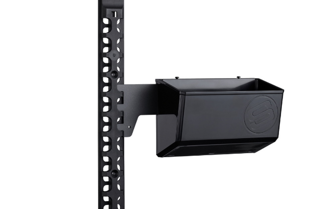 Black storage bin attached to a metal spine on a white background