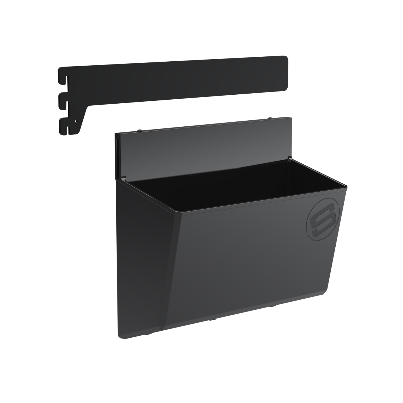 A black GearMate SteadyBin Large and a bracket for attaching it to a bike frame.