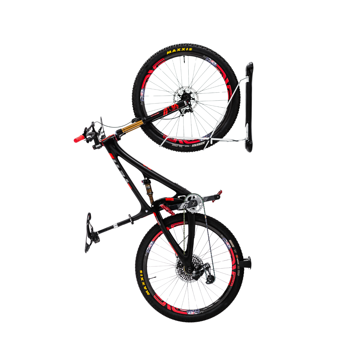 A black Steadyrack Classic MTB Bike Rack with a mountain bike mounted on it.