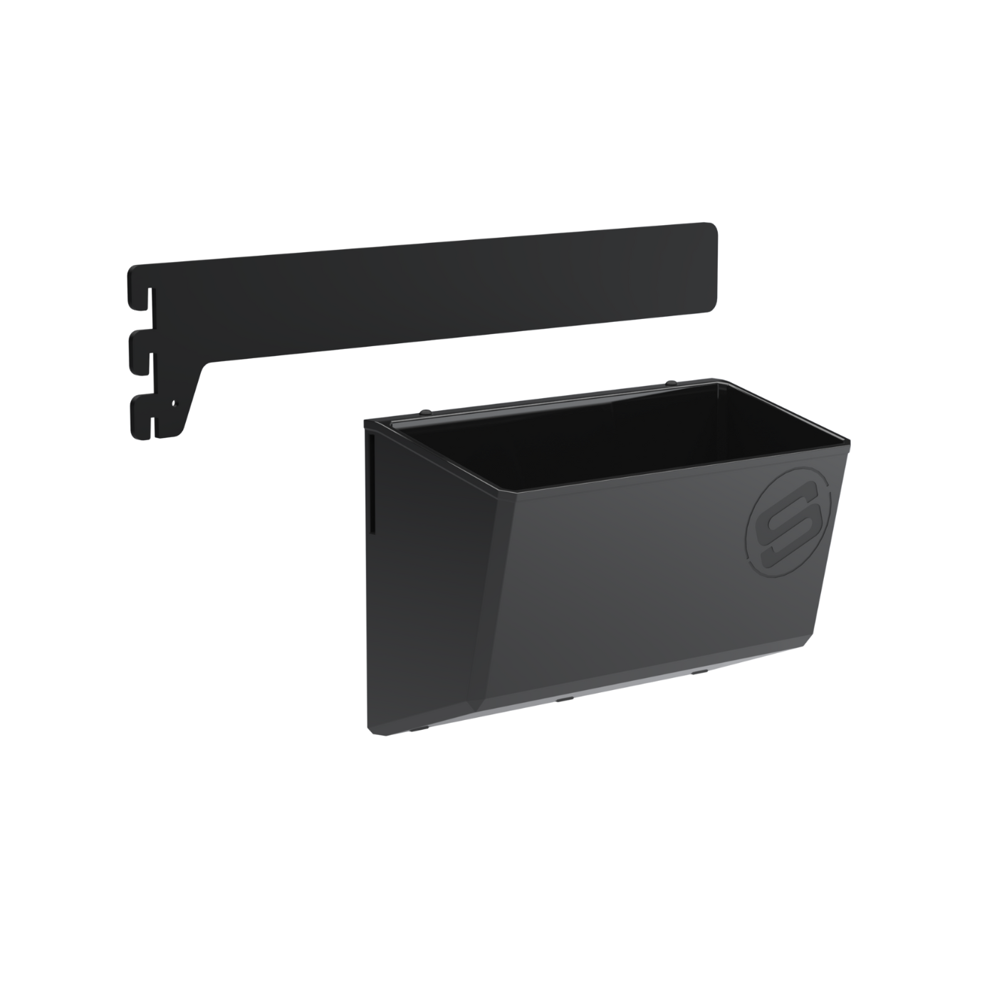 A black GearMate SteadyBin Medium and a bracket for attaching it to a bike frame.