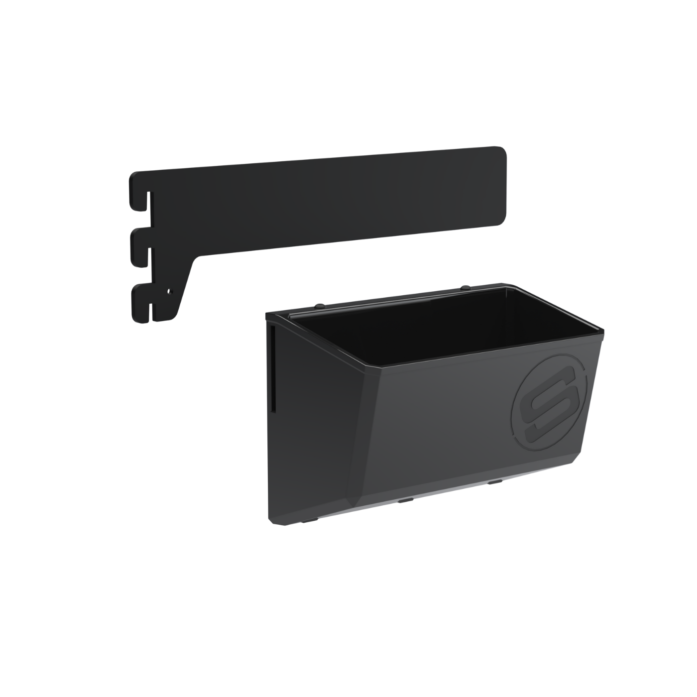 A black GearMate SteadyBin Small and a bracket for attaching it to a bike frame.